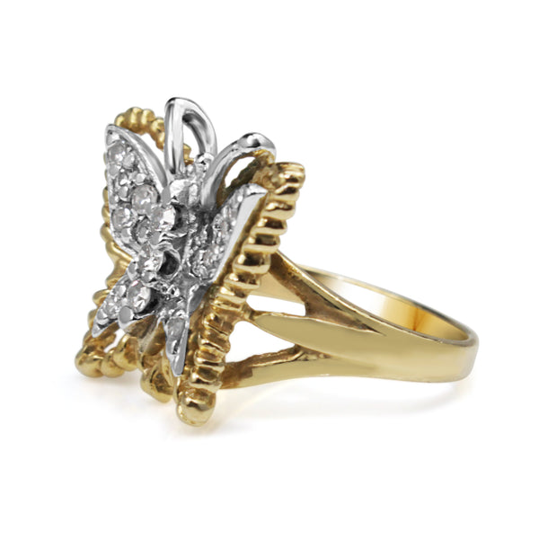 14ct Yellow and White Gold Single Cut Diamond Butterfly Ring