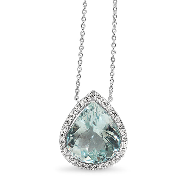 18ct White Gold Pear Aquamarine Halo Necklace