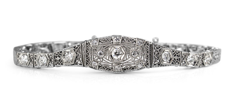 14ct White Gold Art Deco Old Cut Diamond Filigree Bracelet