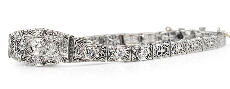 14ct White Gold Art Deco Old Cut Diamond Filigree Bracelet