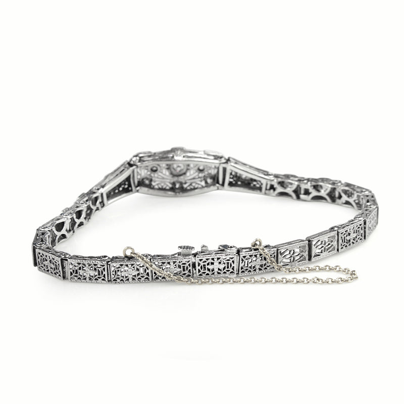 14ct White Gold Art Deco Old Cut Diamond Filigree Bracelet