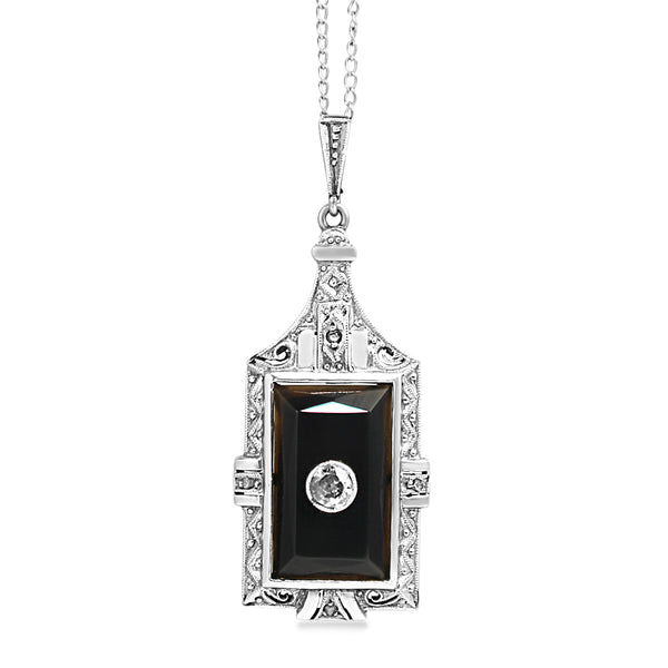 14ct Yellow and White Gold Onyx and Old Cut Diamond Art Deco Necklace