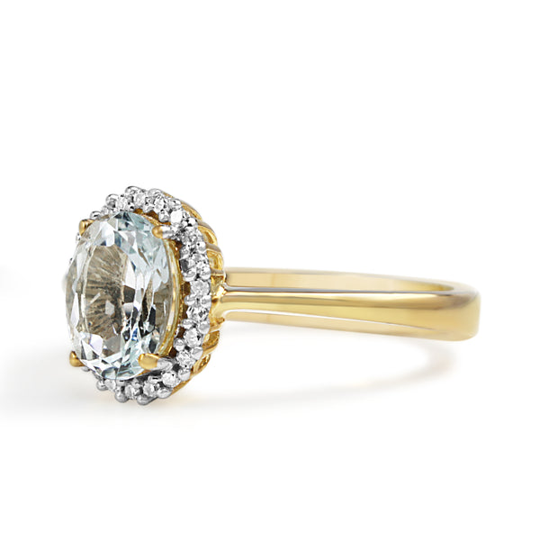 9ct Yellow and White Gold Aquamarine and Diamond Halo Ring