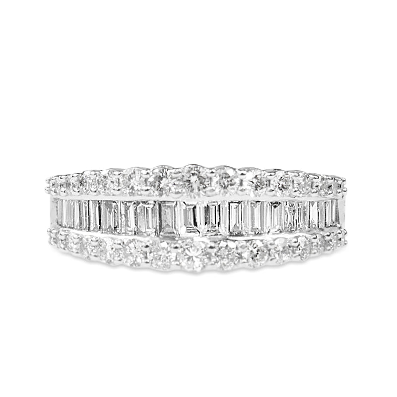14ct White Gold 3 Row Baguette and Brilliant Cut Diamond Band Ring