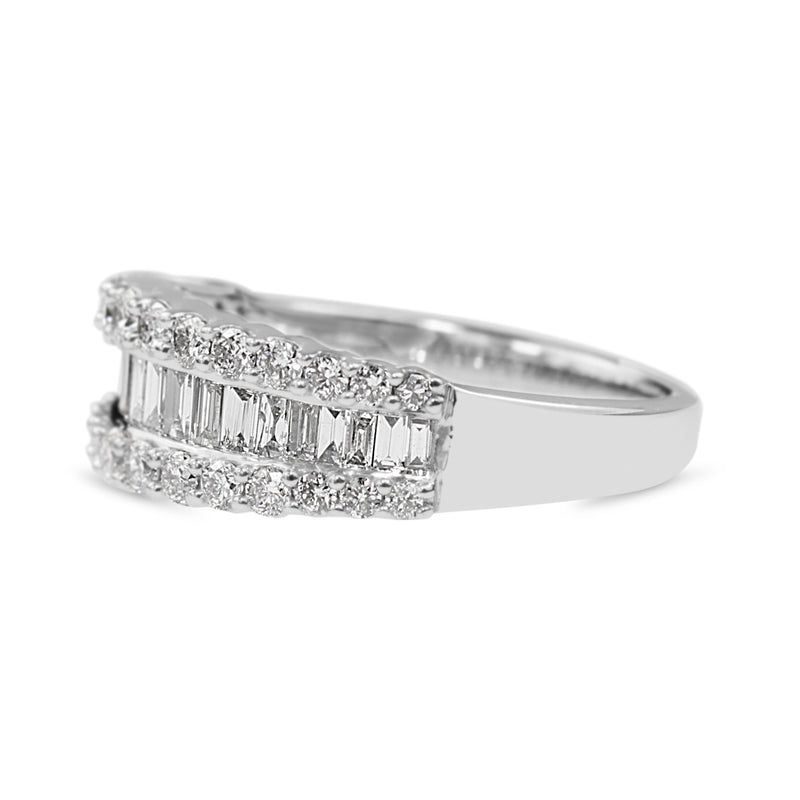 14ct White Gold 3 Row Baguette and Brilliant Cut Diamond Band Ring
