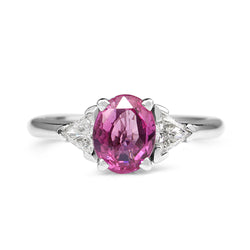 14ct White Gold Pink Sapphire and Trillion Diamond 3 Stone Ring