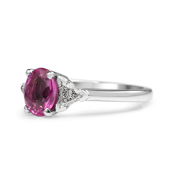 14ct White Gold Pink Sapphire and Trillion Diamond 3 Stone Ring