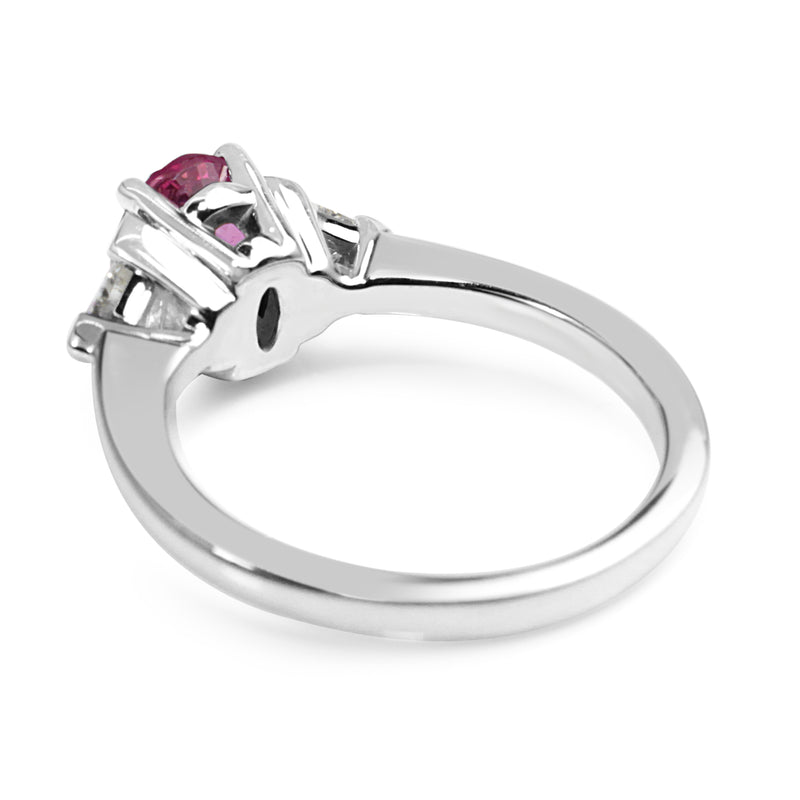 14ct White Gold Pink Sapphire and Trillion Diamond 3 Stone Ring