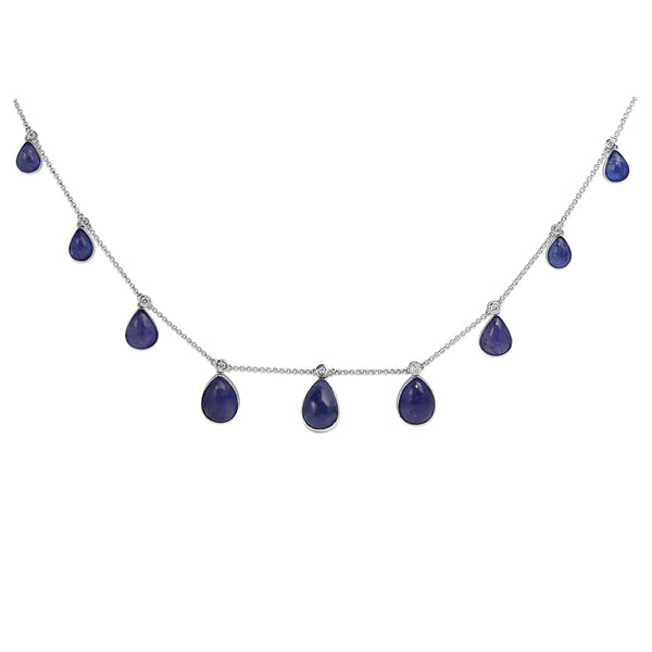 14ct White Gold Cabochon Pear Tanzanite and Diamond Necklace