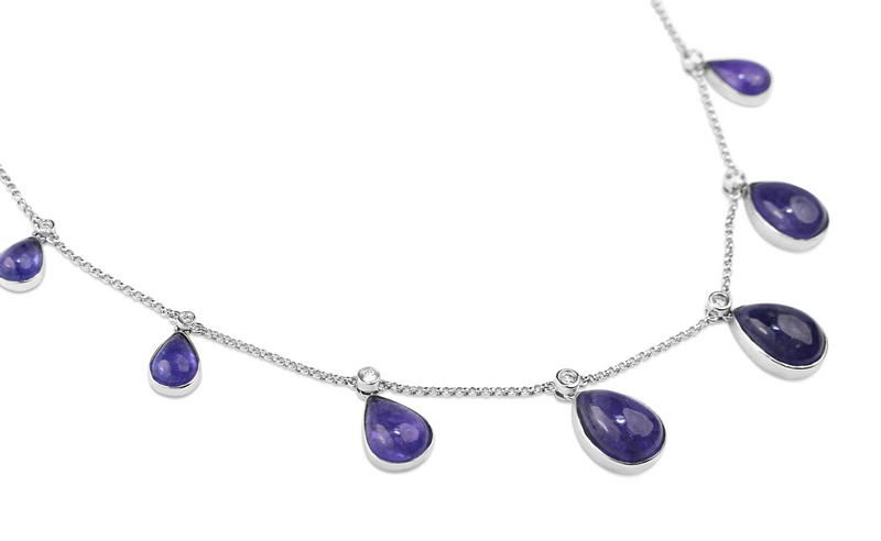 14ct White Gold Cabochon Pear Tanzanite and Diamond Necklace