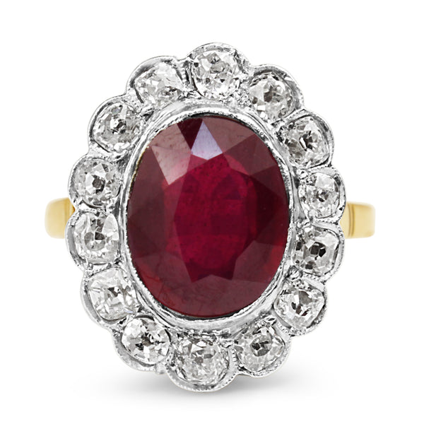 18ct Yellow and White Gold Antique Treated Ruby and Old Cut Diamond Ring