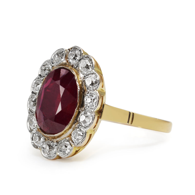 18ct Yellow and White Gold Antique Treated Ruby and Old Cut Diamond Ring