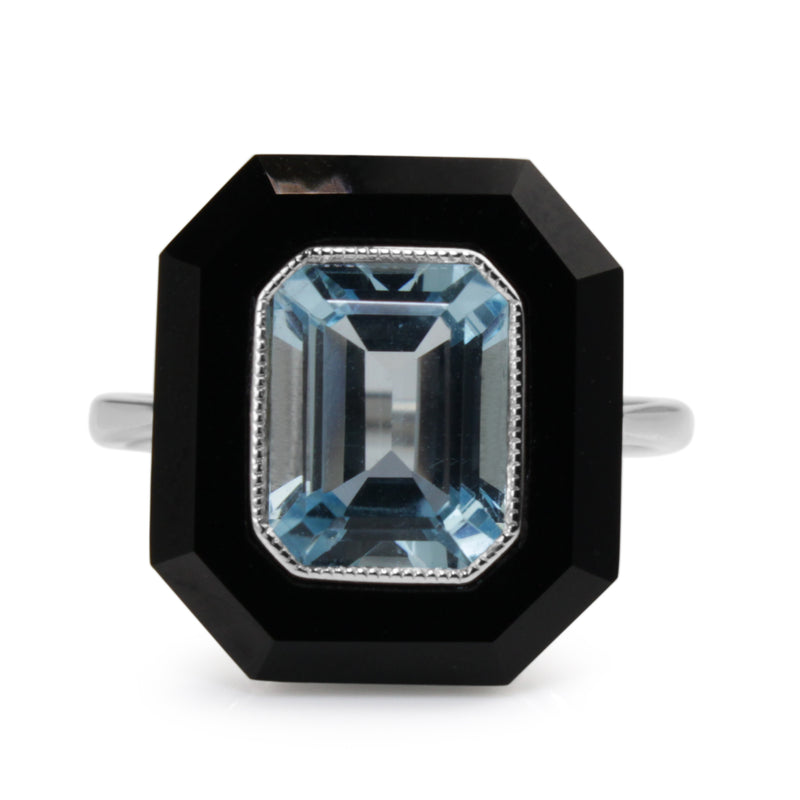 9ct White Gold Topaz and Onyx Deco Style Ring