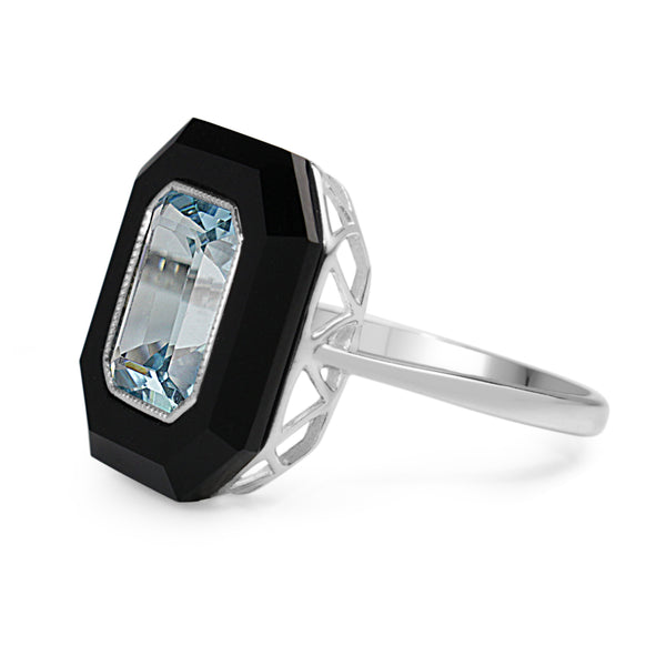 9ct White Gold Topaz and Onyx Deco Style Ring