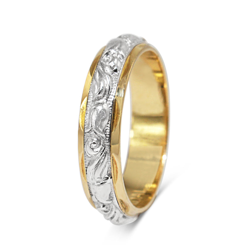18ct Yellow Gold and Palladium Engraved Band Ring