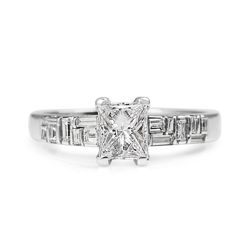 18ct White Gold Radiant and Baguette Diamond Solitaire Ring
