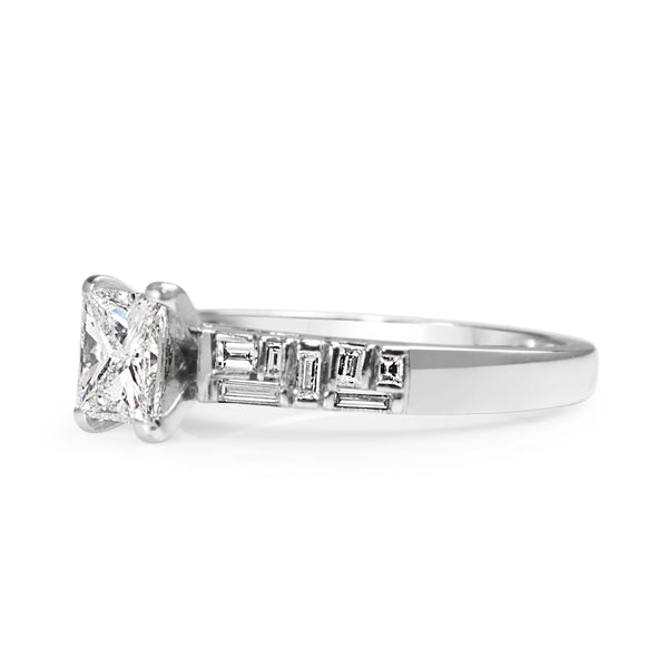 18ct White Gold Radiant and Baguette Diamond Solitaire Ring