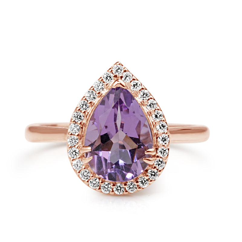 9ct Rose Gold Pear Amethyst and Diamond Halo Ring