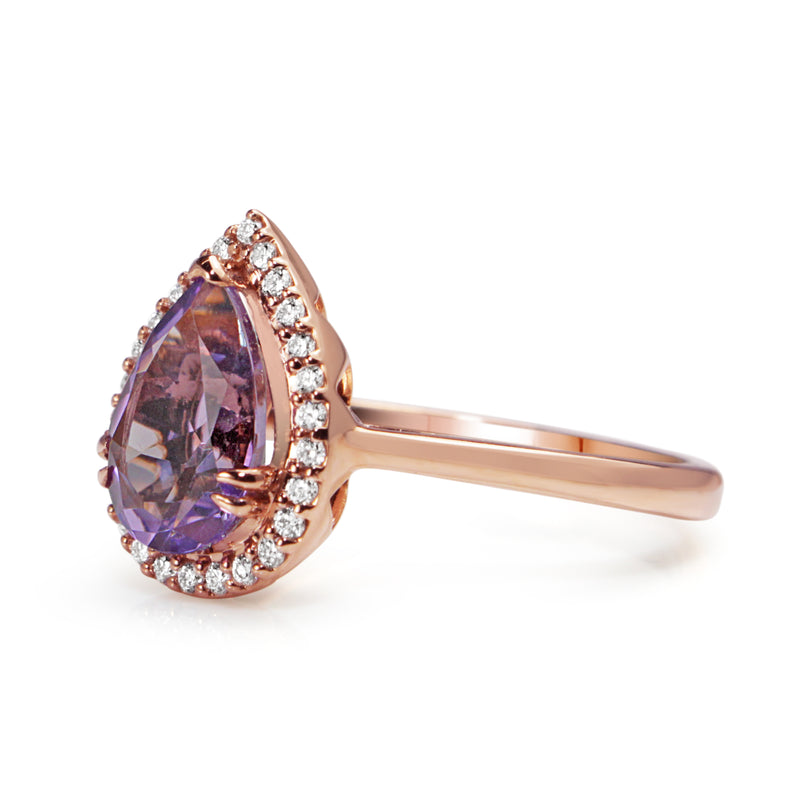9ct Rose Gold Pear Amethyst and Diamond Halo Ring