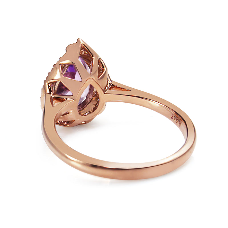 9ct Rose Gold Pear Amethyst and Diamond Halo Ring