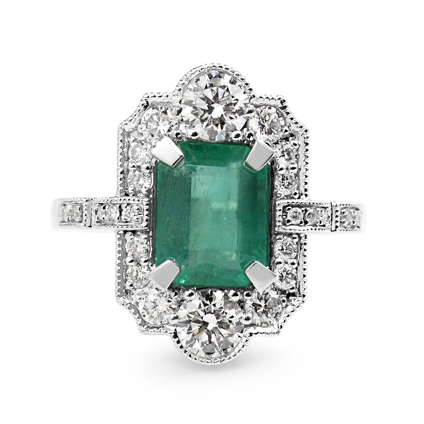 Platinum Emerald and Diamond Deco Style Ring