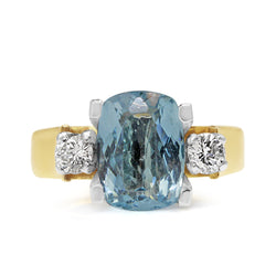 18ct Yellow and White Gold Vintage Aquamarine and Diamond 3 Stone Ring