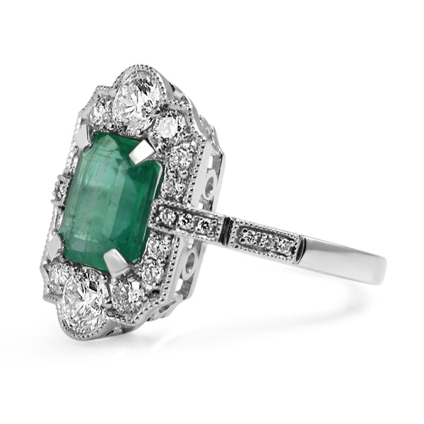 Platinum Emerald and Diamond Deco Style Ring