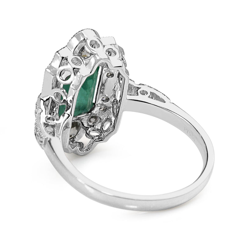 Platinum Emerald and Diamond Deco Style Ring