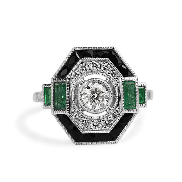 18ct White Gold Deco Style Emerald Onyx and Diamond Ring
