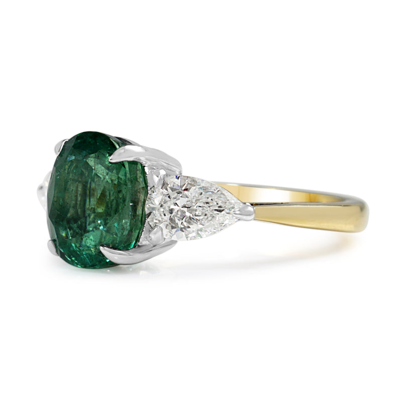 18ct Yellow and White Gold Emerald and Pear Shaped Diamond 3 Stone Ring