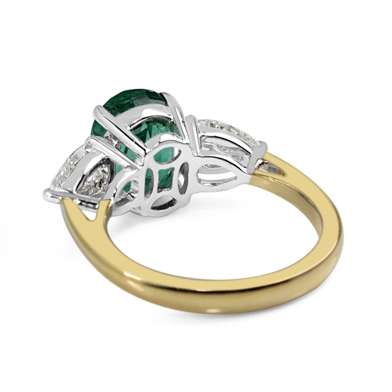 18ct Yellow and White Gold Emerald and Pear Shaped Diamond 3 Stone Ring