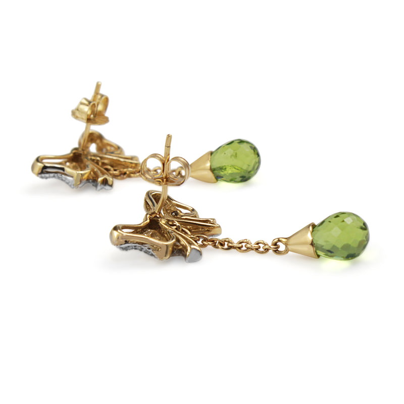 14ct Yellow and White Gold Peridot and Old and Rose Cut Diamond Bow Earrings