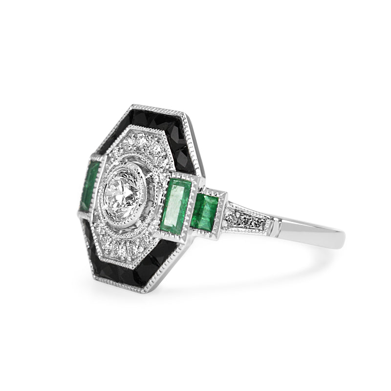 18ct White Gold Deco Style Emerald Onyx and Diamond Ring