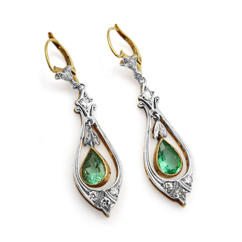 18ct Yellow and White Gold Antique Emerald and Single Cut Diamond Drop Earrings