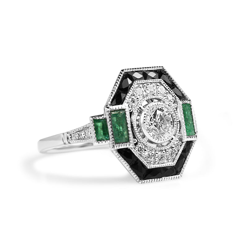 18ct White Gold Deco Style Emerald Onyx and Diamond Ring