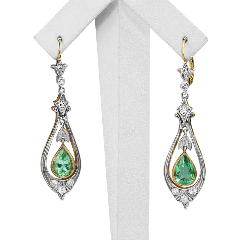 18ct Yellow and White Gold Antique Emerald and Single Cut Diamond Drop Earrings