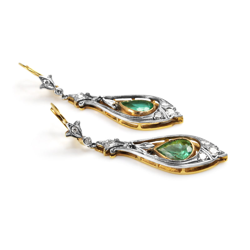 18ct Yellow and White Gold Antique Emerald and Single Cut Diamond Drop Earrings