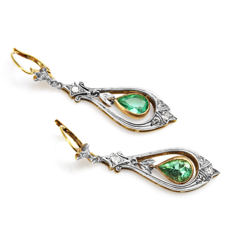 18ct Yellow and White Gold Antique Emerald and Single Cut Diamond Drop Earrings