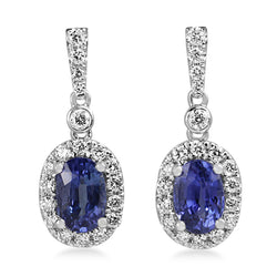 18ct White Gold Sapphire and Diamond Drop Halo Earrings