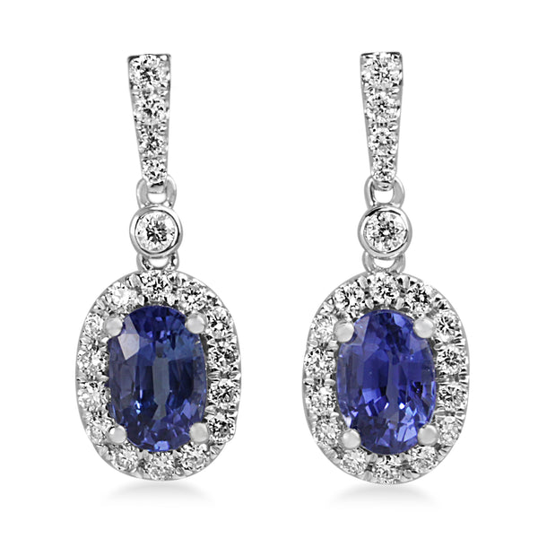 18ct White Gold Sapphire and Diamond Drop Halo Earrings