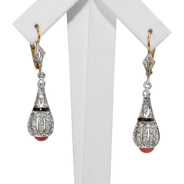18ct Yellow and White Gold Art Deco Onyx, Coral and Rose Cut Diamond Earrings