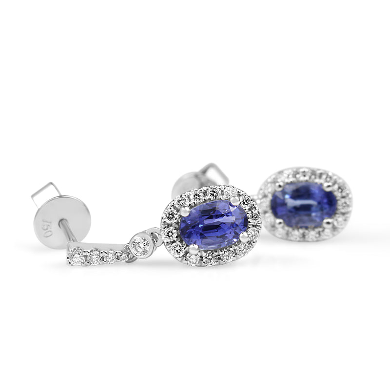 18ct White Gold Sapphire and Diamond Drop Halo Earrings