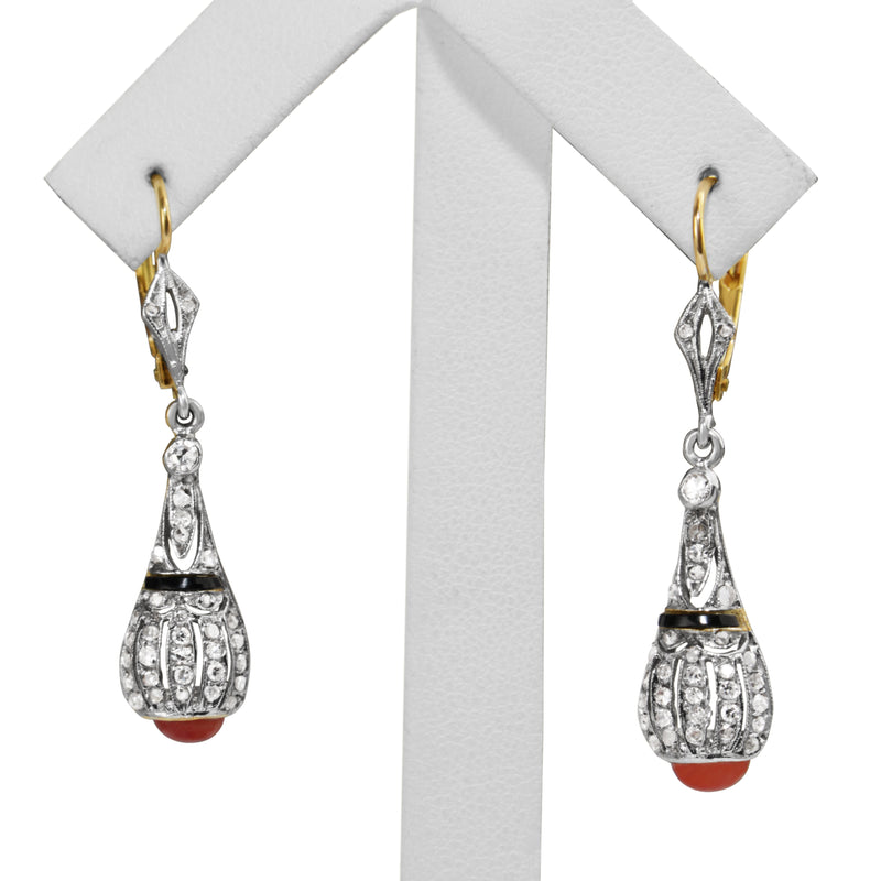 18ct Yellow and White Gold Art Deco Onyx, Coral and Rose Cut Diamond Earrings