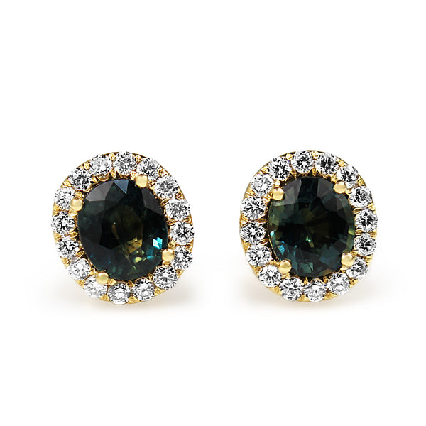 18ct Yellow Gold Teal Sapphire and Diamond Halo Earrings