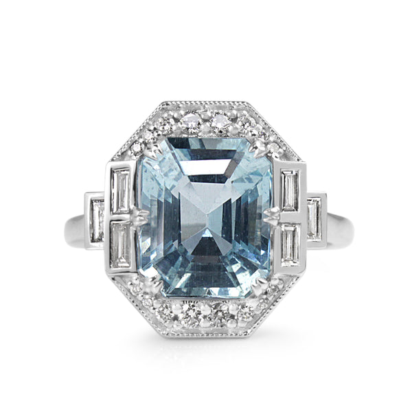 18ct White Gold Deco Style Aquamarine and Diamond Halo Ring