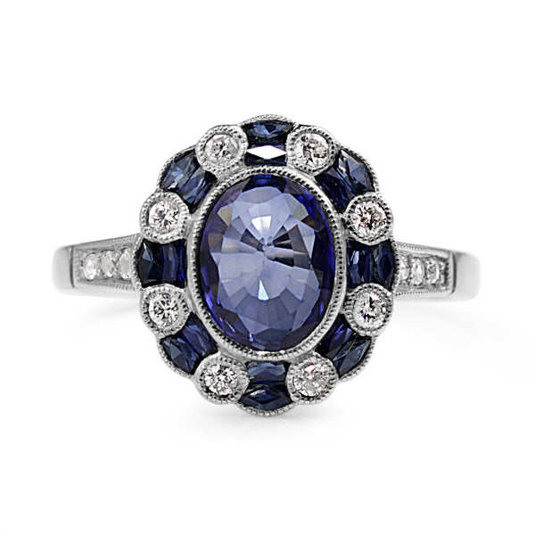 Platinum Deco Style Sapphire and Diamond Ring