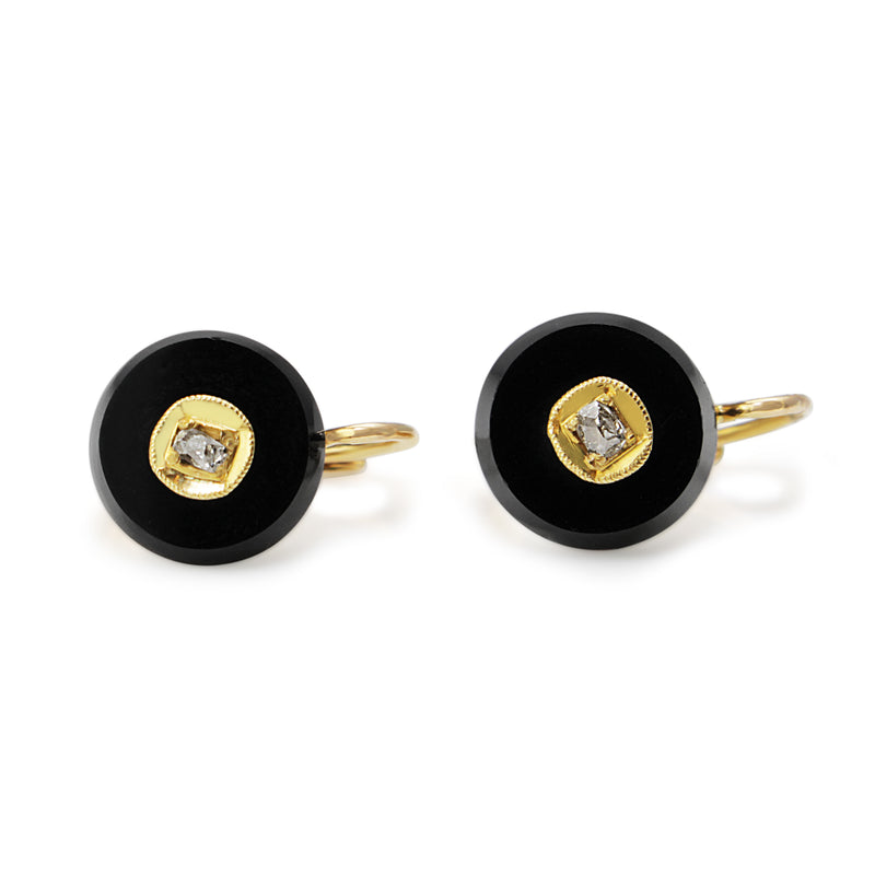 18ct Yellow Gold Antique Onyx and Old Cut Diamond Earrings