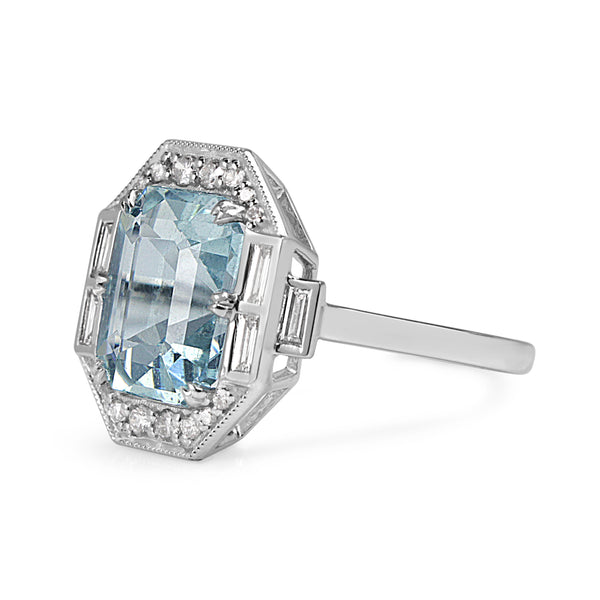 18ct White Gold Deco Style Aquamarine and Diamond Halo Ring