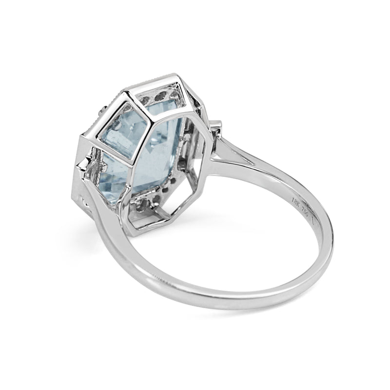 18ct White Gold Deco Style Aquamarine and Diamond Halo Ring