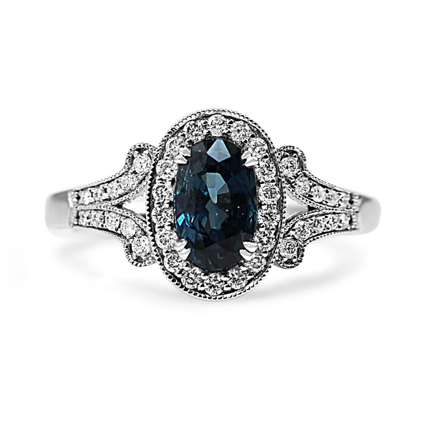 18ct White Gold Sapphire and Diamond Halo Vintage Style Ring